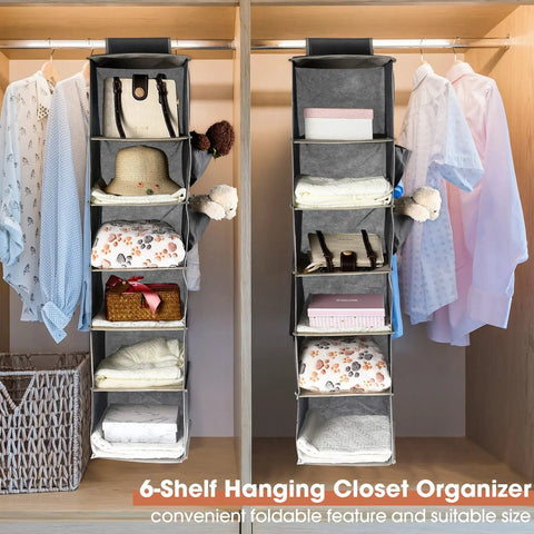 Two hanging closet organizers with six compartments each, filled with hats, clothes, and accessories in a wooden closet.