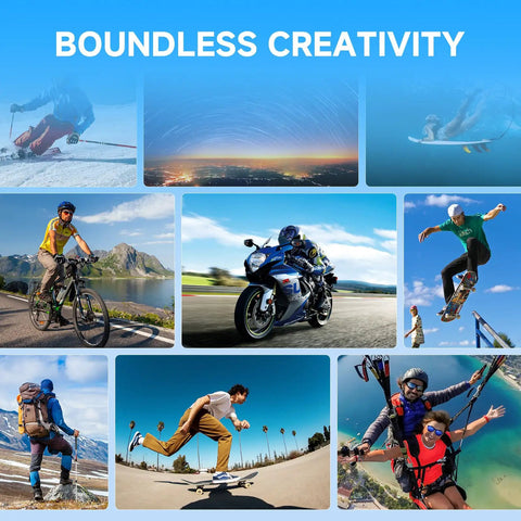 Collage of adventurous sports captured with Kickass 4K Action Camera With 40MP Photo, 3 Axis EIS, 170 Degree FOV