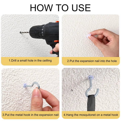 How to install 4 Corner Black Bed Canopy Curtains With Mosquito Net For Single Twin Full Size Beds, step-by-step ceiling setup.