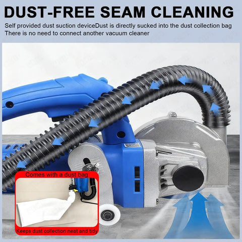 Handheld Electric Grout Cleaner With Dust Free Design for tile gap cleaning showing dust collection feature and dust bag.