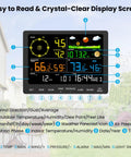 All In One Wireless Home Weather Station With Rain Gauge Indoor Outdoor Temperature Humidity Forecast Barometric Pressure Moon Phase And Alarm Clock For Bedroom No WiFi Must Have, large HD display showing weather data