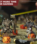 Tabletop gaming scene with miniatures, dice, and a measuring tape. Pro Grade Precision Hobby Knife With Soft Grip Stainless Steel Blade Five Extra Blades Craft Knife Set For Metal And Plastic Miniatures Mold Line Remover And Detail Tool For Model Building.