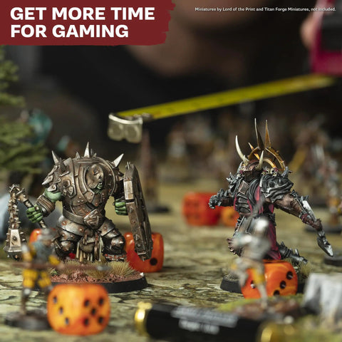 Tabletop gaming scene with miniatures, dice, and a measuring tape. Pro Grade Precision Hobby Knife With Soft Grip Stainless Steel Blade Five Extra Blades Craft Knife Set For Metal And Plastic Miniatures Mold Line Remover And Detail Tool For Model Building.