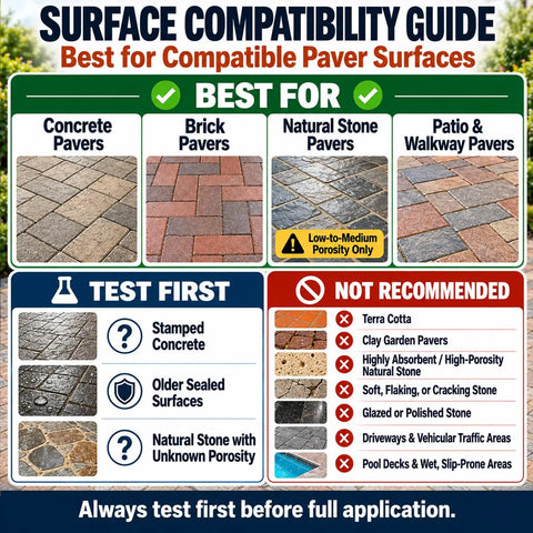 Surface compatibility guide for Heavy Duty High Gloss Wet Look Paver Sealer For Concrete And Brick Walkways.