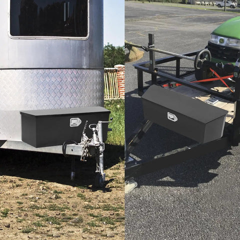 Heavy Duty 35 Inch Black Powder Coated Steel Truck Tool Box With Waterproof Drip Lid And Secure Lock for use on trailers and vehicles.