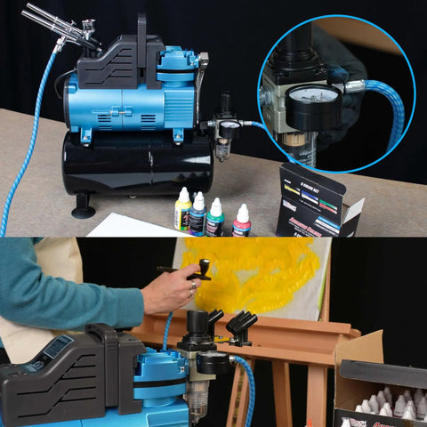 Built Tough 10 Footer Nylon Braided Airbrush Hose With Soft Silicone Core connected to compressor during custom painting.