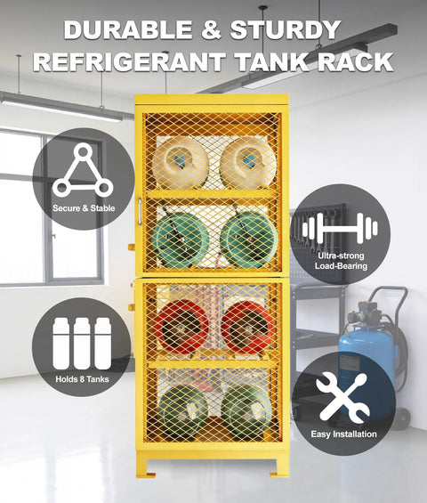 Horizontal Gas Cylinder Storage Cabinet Heavy Duty Carbon Steel Lockable 2 Tier or 4 Tier Options Propane Tank Cage in yellow