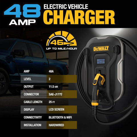 Beast Mode Level 2 EV Charger For Home And Outdoor Use, 48 Amp 240V, 11.5 Kilowatts, 25 Ft UL Cable, wall-mounted unit.