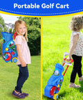 Two toddlers playing with Toddler Golf Set With Shoulder Strap For Kids Aged 2 To 5 Portable Golf Clubs Cart And Putting Mat