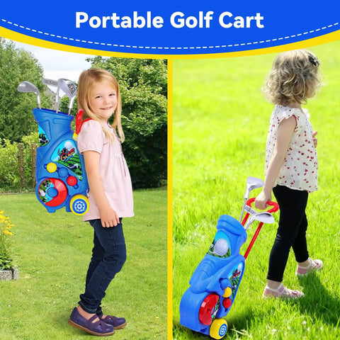Two toddlers playing with Toddler Golf Set With Shoulder Strap For Kids Aged 2 To 5 Portable Golf Clubs Cart And Putting Mat