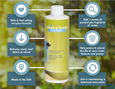 Fast Acting Enzyme Based Bird Bath and Fountain Cleaner 8 Oz Bottle with information on enzyme formula and water treatment benefits
