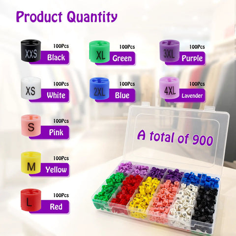 900 Piece Plastic Clothes Hanger Size Markers Set With Nine Bright Color Coded Clips From XXS To 4XL on display