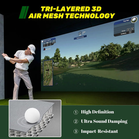 Golfer using Gray Fireproof Golf Simulator Impact Screen With 3D Air Mesh For Indoor Outdoor Practice, screen displaying golf course.