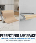 Heavy Duty Steel Butcher And Kraft Paper Roll Dispenser With Razor Sharp Cutter Blade mounted on wall and countertop display.