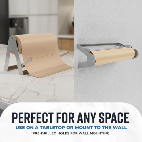 Heavy Duty Steel Butcher And Kraft Paper Roll Dispenser With Razor Sharp Cutter Blade mounted on wall and countertop display.
