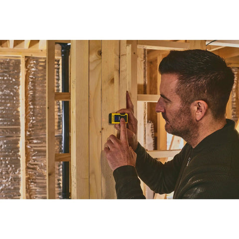 Laser Pocket Measure 12 m Handheld Distance Tool For Pros, Contractors, And DIYers, Compact And Durable Laser Measurer With Quick Readouts, Accurate Measurements, Ideal For Carpentry, Interior Design, And Renovations Model STHT77666-0 in use on wood framing