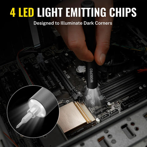 Go-To 20-In-1 Mini Electric Screwdriver Set For DIY And Electronics, All-In-One Precision Driver With 180 RPM Electric Mode And 0.35 Nm Torque, Manual 1.8 Nm, Long-Lasting Battery, Fast Charge, Great For Watches, Smartphones, Drones, And More. Mini electric screwdriver lighting a PC motherboard