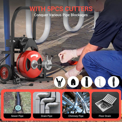 Badass Power Drain Cleaner Seventy Five Foot Sewer Snake Machine With Four Hundred Fifty Watt Auto Feed Motor, tools and operator.
