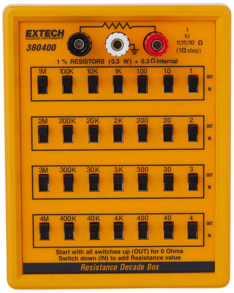 Front view of Pro Grade Resistance Decade Box for Bench with visible switches and terminals, orange casing, model 380400.