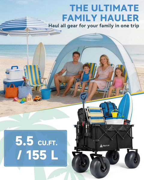 Beach Wagon With 12 Inch Balloon Wheels And Upgraded PU Tires, Collapsible 500Lb Capacity Sand Cart on beach with family tent