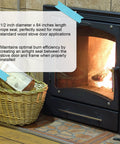 Front view of black wood stove with glass door and metal handle; flames visible inside and a wood basket beside.