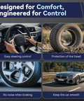 Collage showing steering control, tire tread protection, quiet braking, and smooth car ride.