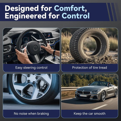 Collage showing steering control, tire tread protection, quiet braking, and smooth car ride.