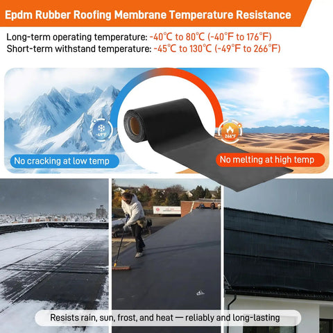 Epdm Rubber Roofing Rolls displaying temperature resistance, 51 mil thick, self-adhesive for fast flat roof installation.