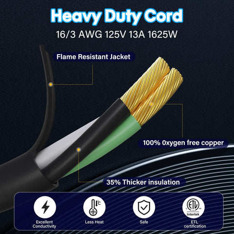 Close-up of Outdoor Power Extension Cord 30 Ft 16 AWG 3 Prong Grounded Heavy Duty Weatherproof Cable, showing copper wires and insulation