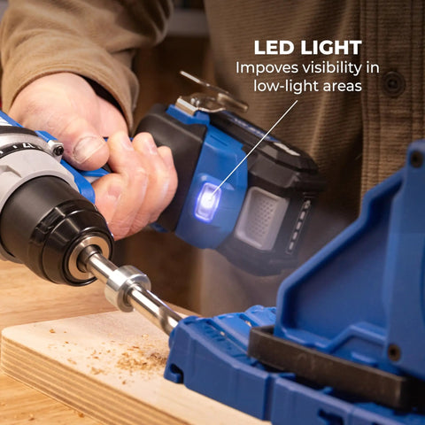 Top Shelf 20 Volt Cordless Compact Power Drill With Kicksome Torque And One Half Inch Keyless Chuck For Tough Diy Chores Variable Speed Switch Plus Dual Range Gearbox And Bright LED Work Lamp highlighting LED light features.
