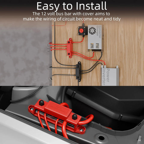 Backyard Builder 400 Amp Bus Bar Power Distribution Block With Six M8 Studs For 12V To 48V Marine And Automotive Battery Hookups, installed with cables.