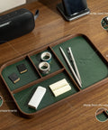 Full Grain Leather Catchall Tray Set For Nightstand And Entryway, Multi Tray Valet Organizer For Keys, Pens, Durable Green Finish
