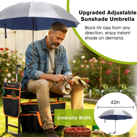 Man sitting on Garden Kneeler And Chair With Umbrella, 2-In-1 Foldable Garden Stool With Adjustable Bracket, Detachable Tool Bags