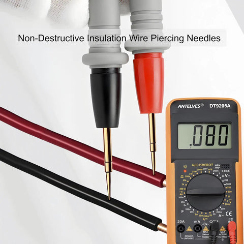 Ultra Sharp Gold Plated Test Probe Lead Set For Multimeters 1000V 20A inserted into wires with digital multimeter display