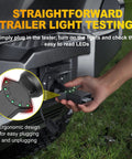 7 Way Blade and 4 Pin Trailer Light Circuit Tester With LED Indicators And 2 In 1 Design, 6 Function Light Tester For RV, Truck, Vehicle Side Sockets, And Tow Trailer Lighting Systems, shown plugged in