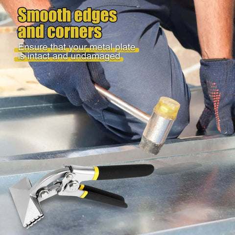 Using Pro Grade 3 Inch Curved Jaw Offset Hand Seamer for sheet metal bending and flattening with a rubber mallet on metal surface.