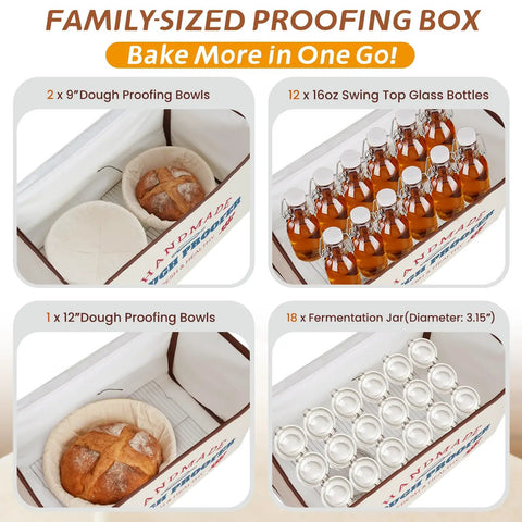 Extra Large Automatic Dough Proofing Box With Plug And Play Temperature Settings And An All Day Timer, holding dough bowls and glass bottles.