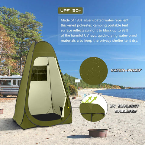Olive green Pop Up Privacy Shower Tent With Windows For Camping And Bathroom Breaks, Portable Changing Shelter shown by the beach.