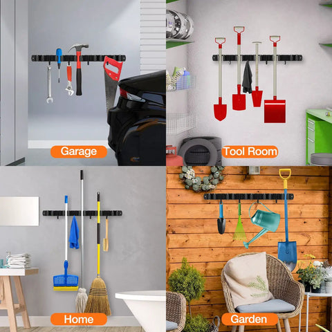 Two Pack Heavy Duty Broom Holder Wall Mount With Five Racks And Four Hooks Stainless Steel Mop And Broom Organizer Wall Mounted Storage Rack For Kitchen And Laundry Black Finish displayed in garage, tool room, home, and garden settings.