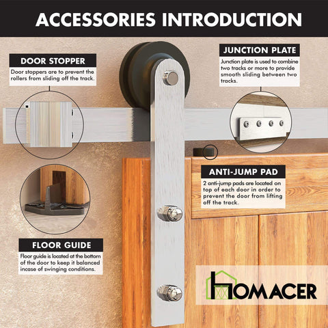 Brushed Nickel Sliding Barn Door Hardware Kit For Double Doors, 5.5ft Flat Track With Straight Rollers, installed on wood door