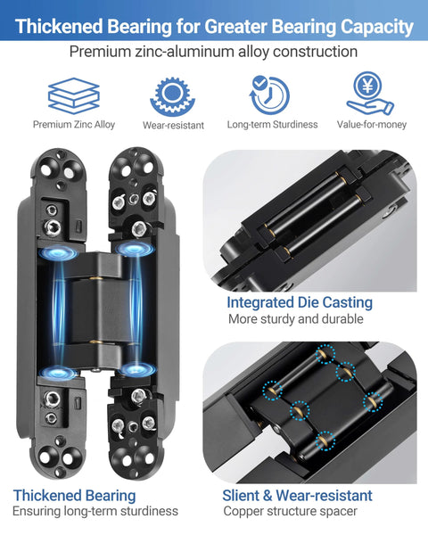 Upgraded Invisible Door Hinges 2 Pack Black 6 Inch Concealed Hidden Hinges For Doors With 3 Way Adjustable And 180 Degree Swing
