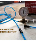 Pressure test setup with Utah Pneumatic hose and fittings, gauge showing psi, highlighting 3/8 Inch Push To Connect Tee Air Line Fittings Kit usage.