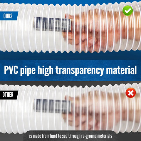 Comparison of clear PVC pipe materials highlighting transparency, ideal for heavy PVC 4 inch by 50 foot clear dust collection hose.