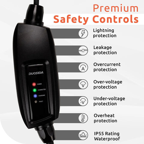 Go-To Portable EV Charger Level 1 And 2 16A 120V-240V J1772 Home Charger With 25ft Cable safety controls displayed.
