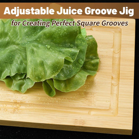 Juice Groove Router Jig With 8 Spacers, Adjustable Groove Guide For Cutting Boards Up To 22 X 29 Inches, light brown wood with lettuce