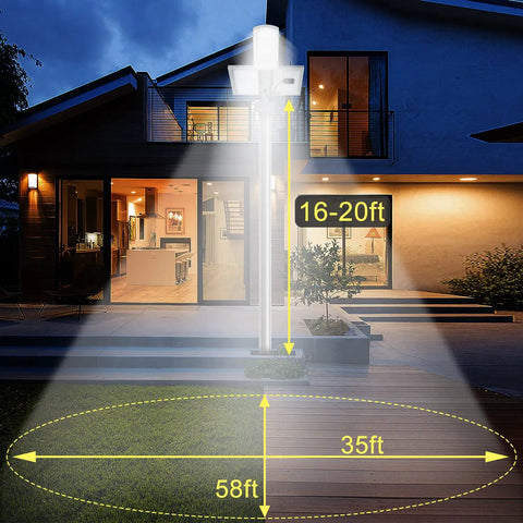 Beast Power 200W Solar Street Light illuminating a yard, showcasing its 58ft by 35ft 12000 lumens coverage at night.