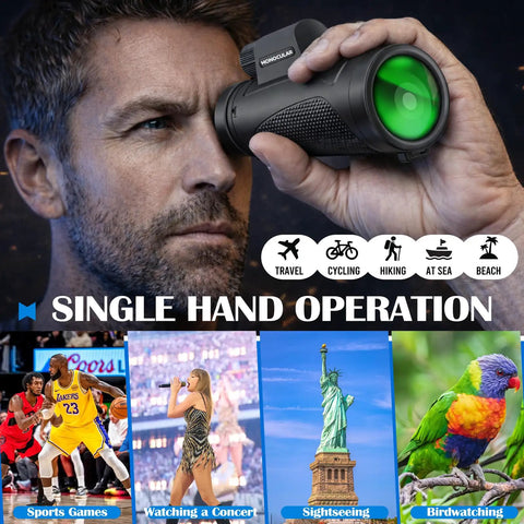 Man using Ultra Clear 80x100 Monocular Telescope Kit With 50mm Objective Lens Fully Coated Optics Smartphone Adapter And Tripod