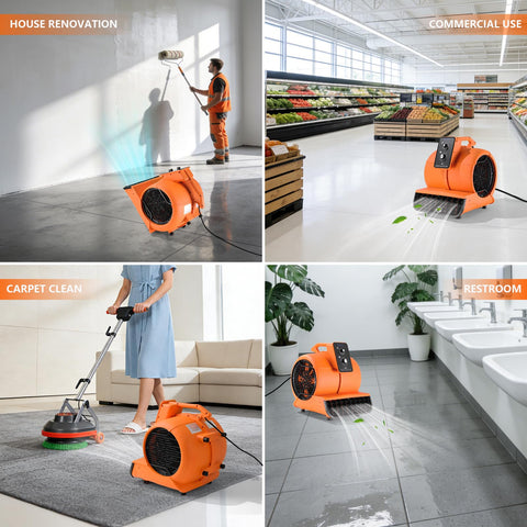 Heavy Duty 1/2 HP Air Mover Delivers 2600 CFM, Portable Blower For Carpets, Floors And More in various settings