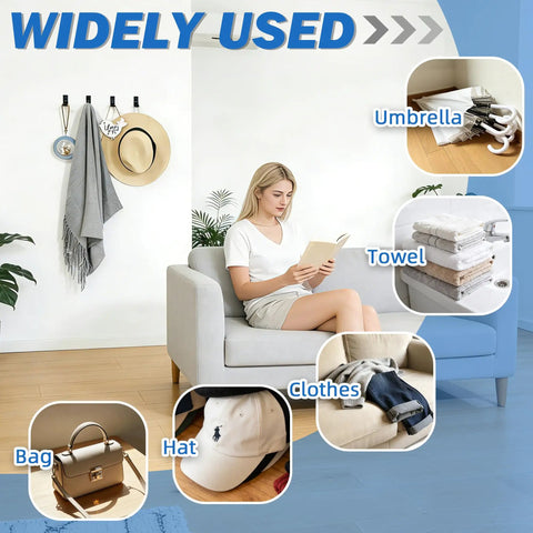 Built Different Matte Black Wall Mount Towel And Coat Hooks shown in use with clothes, hat, towel, umbrella, and bag.