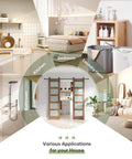 Double 24 By 84 Inch Glass Barn Doors With 48 Inch Width Eight Foot Hardware Kit And Handle Included Five Panel Frosted Glass LVL Wood Panel Waterproof PVC Surface Pre Drilled Holes Easy Assembly displayed in a home setting.